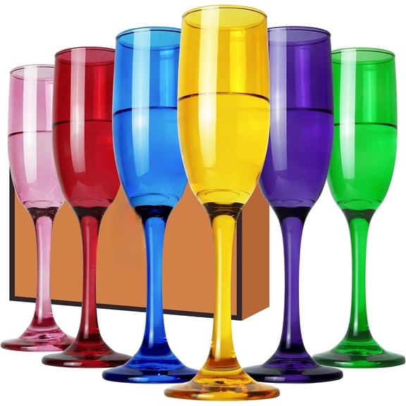Champagne Flutes Glasses Set of 6-6oz Multi Colored Glass, Colorful Long Stem Champagne Flute for Wedding, Anniversaries, Parties, Birthday, Restaurant, Bar