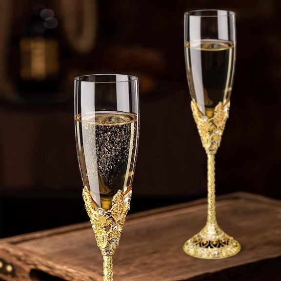 Champagne Flutes - Set of 2 Champagne glasses, Crystal Glasses & Metal Base, Toasting Flute Pair, Wedding Anniversary, Party, Birthday, Banquets, Gifts for Bride and Groom 6 oz - Gold