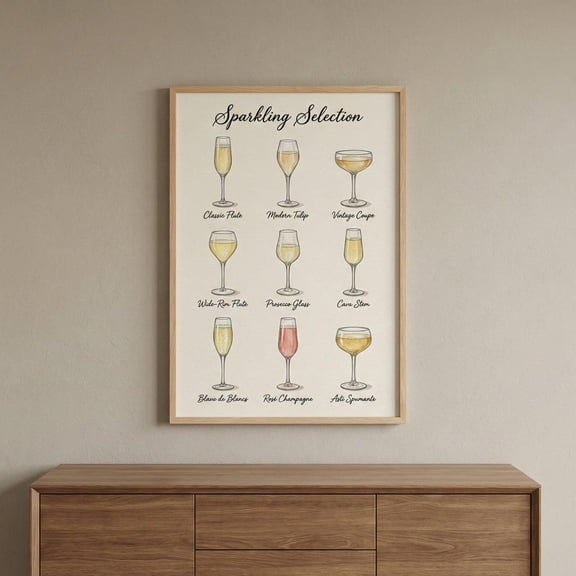 Champagne Flutes Vintage Guide Wall Art, Sparkling Wine Types Poster, Bar Cart Decor Print, Kitchen Glassware Illustration, Sommelier Unframed Paper Print
