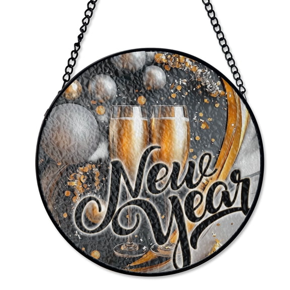 Champagne Glasses New Year 2025 Suncatcher, Stained Glass Style UV Printed Glass, Cheers Holiday Party Decor Gift, Round