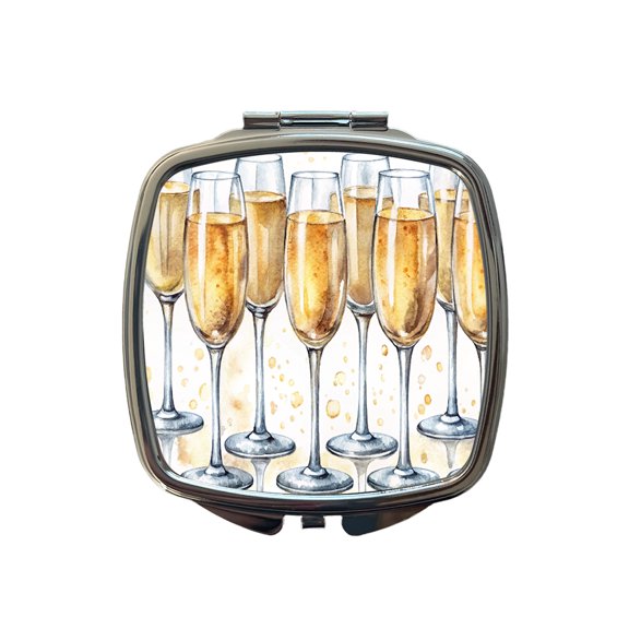 Champagne Glasses Travel Makeup Handbag Purse Small Pocket Compact Mirror