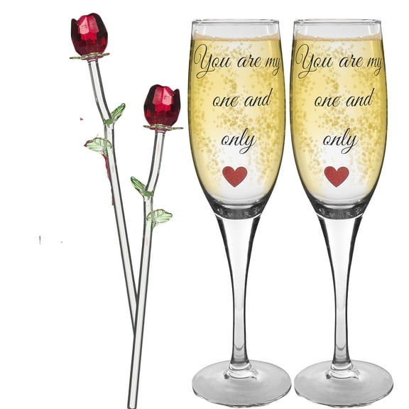 Champagne Glasses with Red Crystal Roses - Set of 2 Glasses with 2 Roses - 6054-2