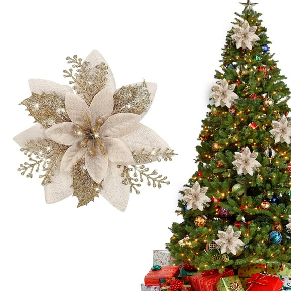 Champagne Glitter Christmas Flowers - Artificial Clip-on Xmas Tree Ornament Decor