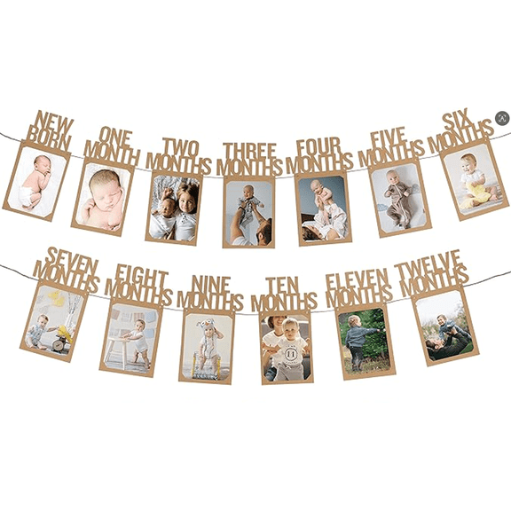 Champagne Gold Baby Monthly Milestone Photo Banner, Newborn to 12 Months Picture Frame Garland for Baby First Birthday Party Decor