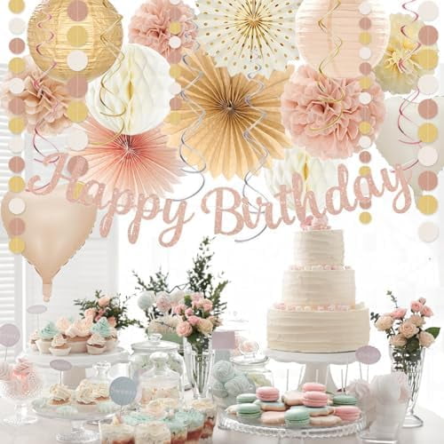 Champagne-Gold Beige Birthday Decorations for Women Girls,Cream Neutral Balloons Décor,Happy Banner,Boho Peach Paper Lanterns Tissue Pom Poms Fan,Anniversary Princess Backdrop Party Supplies