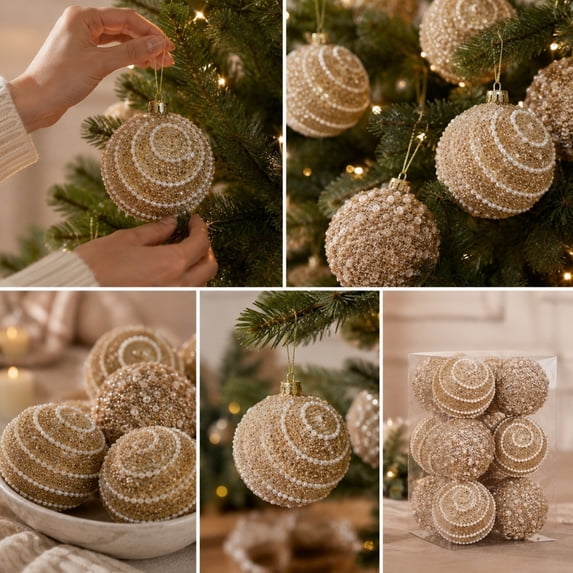 Champagne Gold Christmas Ball Ornaments, 2.36in 12Pcs Pearl Beaded Glitter Baubles, Shatterproof Foam Hanging Balls, Gold And White Style for Christmas Tree and Festive Decor