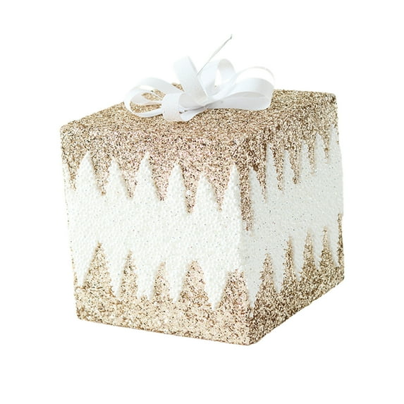 Champagne Gold Christmas Gift Box Decoration – 7.87in Glitter Plastic Ornament for Tree, Table Centerpiece & Holiday Home Décor