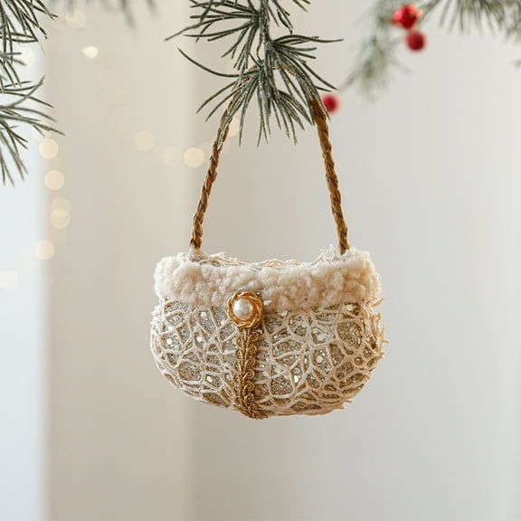 Champagne Gold Christmas Hanging Ornaments Christmas tree Handbag Santa hat Shoes Gloves Designs for Indoor Decor, Party Favors, Winter Home & Festive Xmas Tree Holiday Crafts(Handbag)