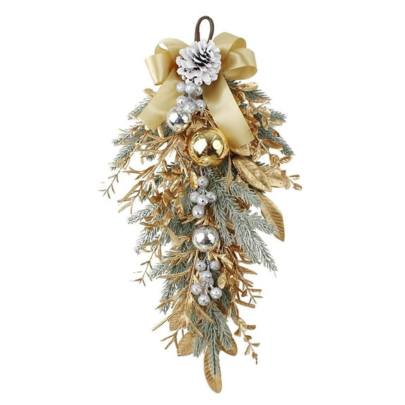 Champagne Gold Christmas Teardrop Swag, Handcrafted Poinsettia Swag Wreath for Front Door Wall Window Decor, Premium Holiday Decorations Indoor Outdoor -21.6 Inch