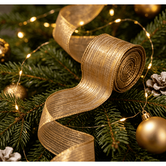 Champagne Gold Christmas Wired Ribbon - 16.4 Ft Yard Christmas Mesh Ribbon for Gift Wrapping, Tree Decor & DIY Crafts, Holiday Bow Making,B