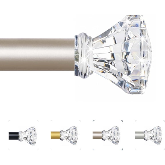 Champagne Gold Decorative Crystal Curtain Rods 66 to 120 Inch:Heavy Duty Adjustable Window Curtains Rods for Living Room Bedroom,Modern Girly Acrylic Drapery Rod with Clear Bling Diamond Finial