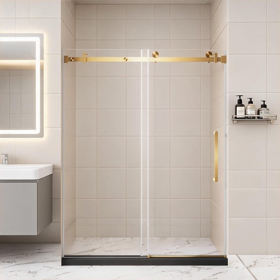 Champagne Gold Frameless Sliding Shower Door 48 W x 76 H 1/4 Clear Tempered Glass