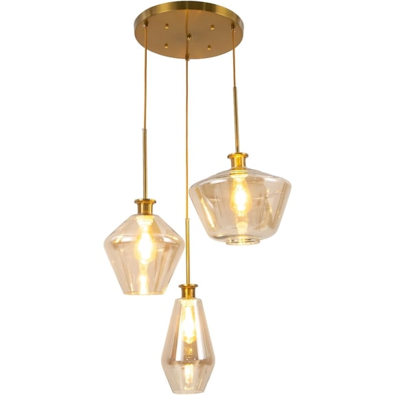 Champagne Gold Glass 3 Heads Hanging Pendant Light Dimmable Flush Mount Ceiling Light Fixture with Adjustable Height Modern Glass Lamp Chandelier for Home Kitchen Coffee Bar Dining Room