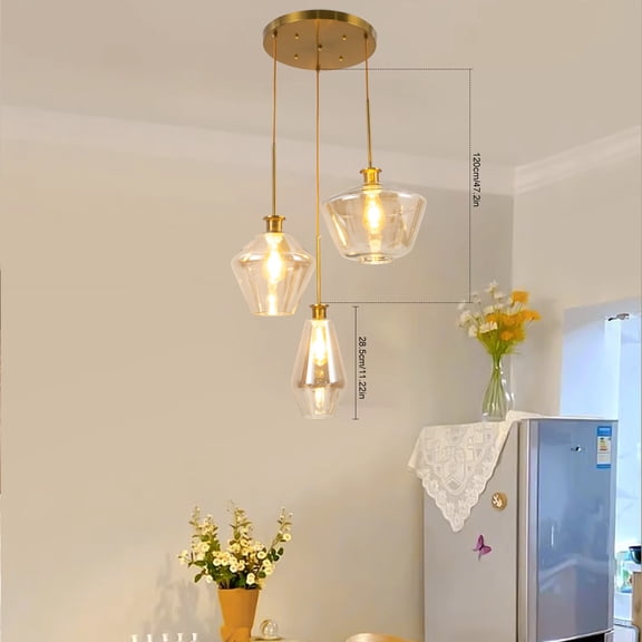 Champagne Gold Glass 3 Heads Hanging Pendant Light Dimmable Flush Mount Ceiling Light Fixture with Adjustable Height Modern Glass Lamp Chandelier for Home Kitchen Coffee Bar Dining Room