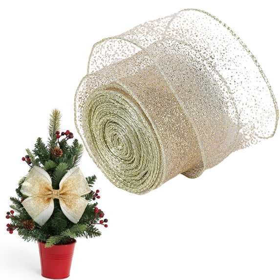 Champagne Gold Glitter Mesh Ribbon, Wired Christmas Ribbon for Tree Decor, Garland, Wreaths, Large Bows and Gift Wrapping