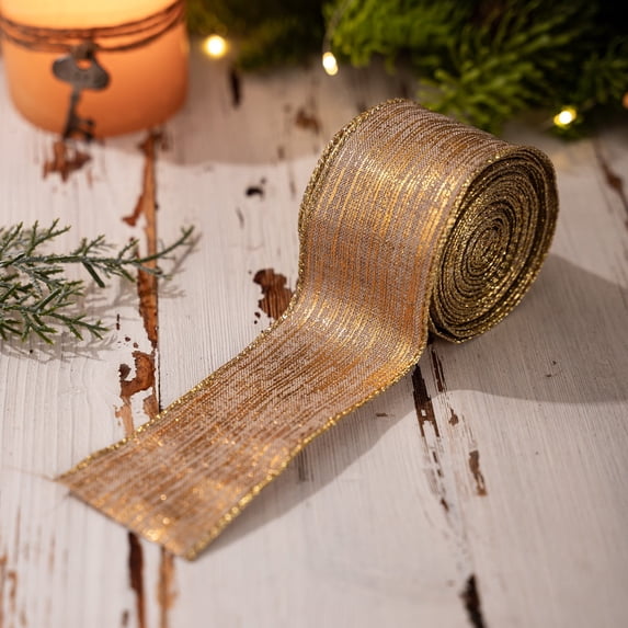 Champagne Gold Glitter Wired Ribbon for Christmas Tree Mesh Sparkling 2 Inch x 197 Yard Christmas Wired Ribbon for Crafts Wreath Garland Supplies