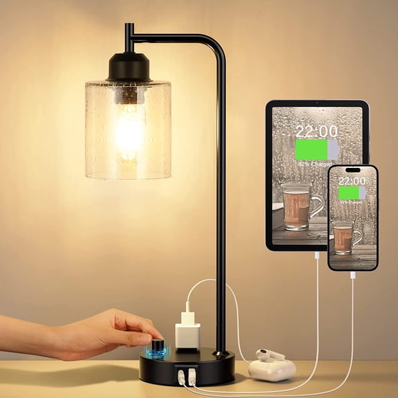 Champagne Gold Industrial Bedside Table Lamp for Bedroom - Nightstand Lamps with USB C Charging Port, Fully Dimmable Black Ports and Outlets, Small Desk Glass Shade Office Living Room