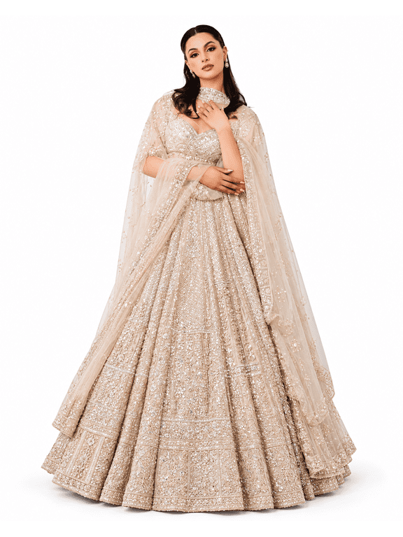 Champagne Gold Kasturi Silk Bridal Lehenga Choli for Women, Heavy Sequins Dori Work Designer Lehenga Set, Unstitched Blouse & Net Dupatta, Indian Wedding Reception