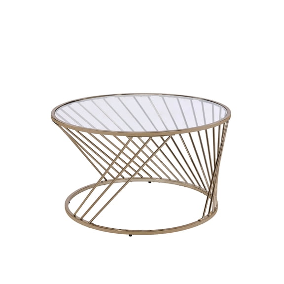 Champagne Gold Metal Base Clear Glass Round Coffee Table, Modern Drum Shape End Table for Living Room
