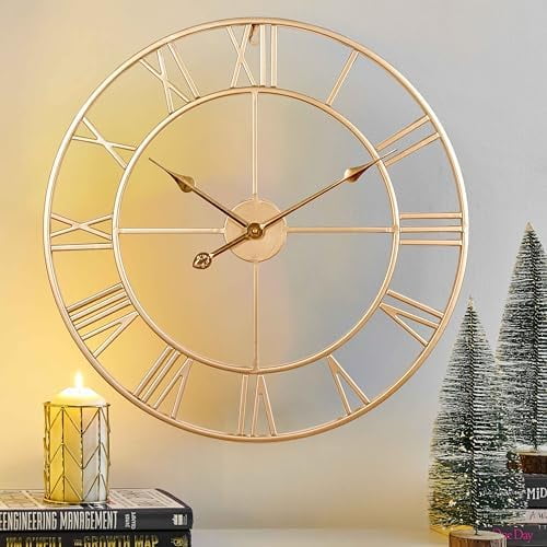 Champagne Gold Metal Wall Clock, Large Roman Numeral 24 Inch Wall Clocks for Living Room Decor,House Warming Gifts New Home