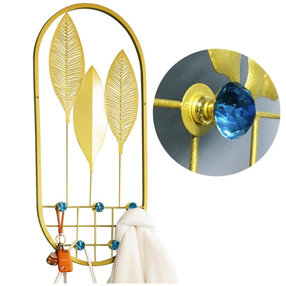 PandS Champagne Gold Metal Wall Sculpture Monstera Tropical Decor, 5-Hook Coat Hook