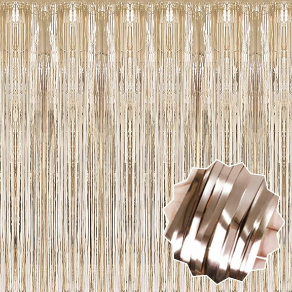 Champagne Gold Metallic Tinsel Foil Fringe Curtains, 3 Pack 3.3x6.6 Feet Party Streamer for Birthday, Halloween Decor, Foil Curtain for Bachelorette Party Decorations