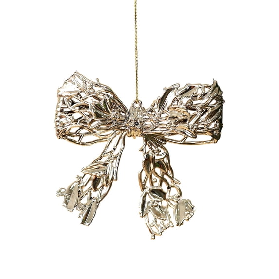 Champagne Gold Openwork Bow Christmas Ornament, 1.63 x 1.78-Inch Decorative Ribbon Bow Pendant with Hook for Christmas Tree, Wreath, Gift Display, Mantel and Holiday Decor