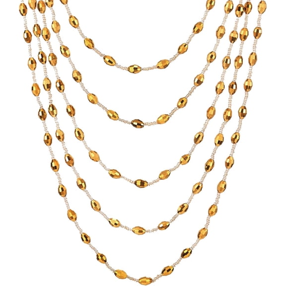 Champagne Gold Oval Beads Statement Necklace Multi-Strand Long Chains With Crystal Charm Pendant[o1759]