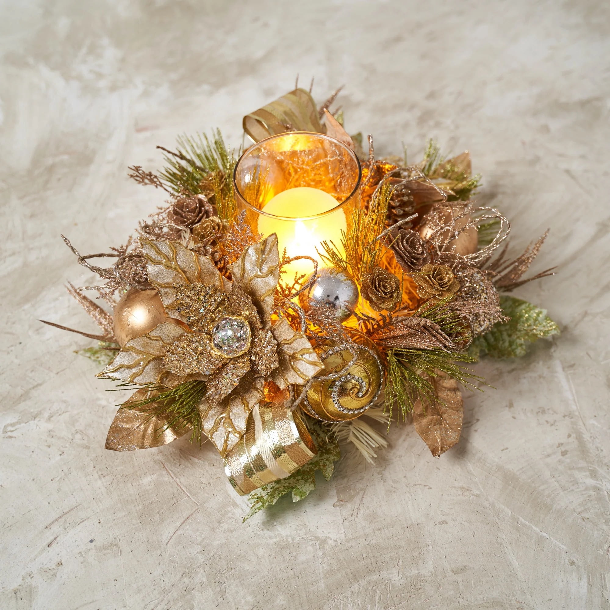 Champagne Gold Poinsettia Hurricane Candle Holder Single Candle