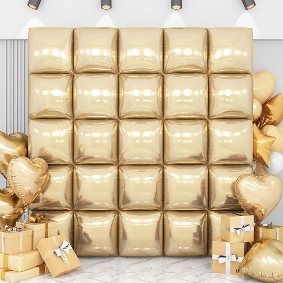Champagne Gold Square Foil Balloon Wall,25Pcs Double Sided Foil Balloons Backdrop Helium Polyester Tunnel Arch Garland Kit for Birthday Bridal Anniversary Baby Shower Party Decorations