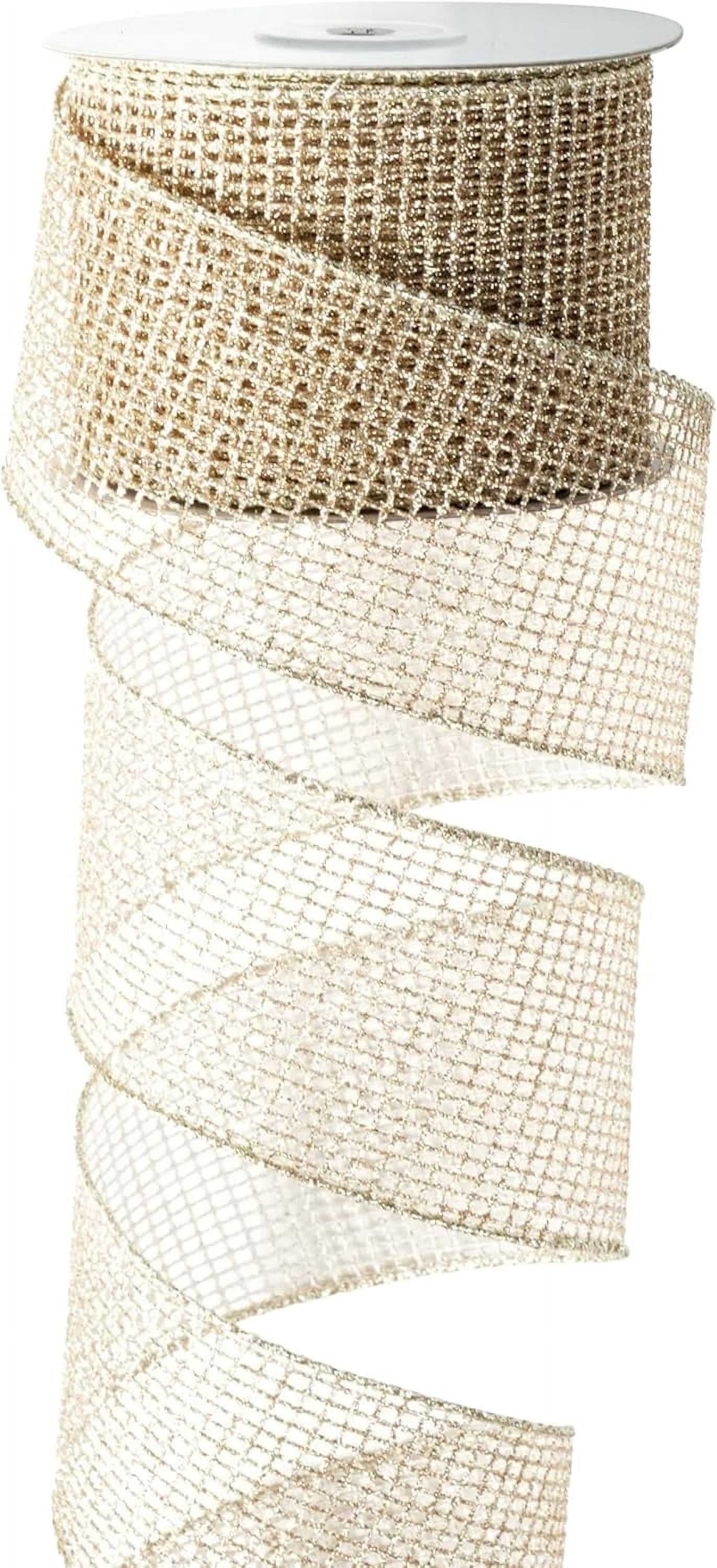 Champagne Gold Wired Ribbon 2.5" X 10 Yards Glitter Mesh Wired Gold Christmas Ribbons for Tree Decorations, Topper Bows, Wreath,Garlands, Gifts Wrapping
