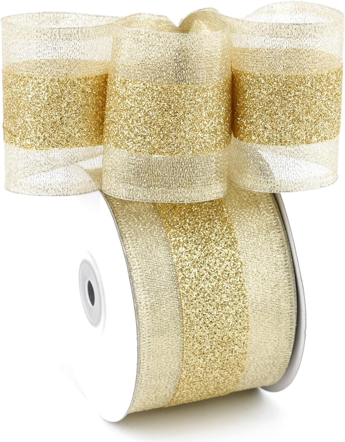 Champagne Gold Wired Ribbon with Gold Center Stripe 2.5" X 10 Yards Metallic Christmas Ribbon Wired for Tree Decoration, Wreaths & Garlands, Crafts Projects, Home Decor