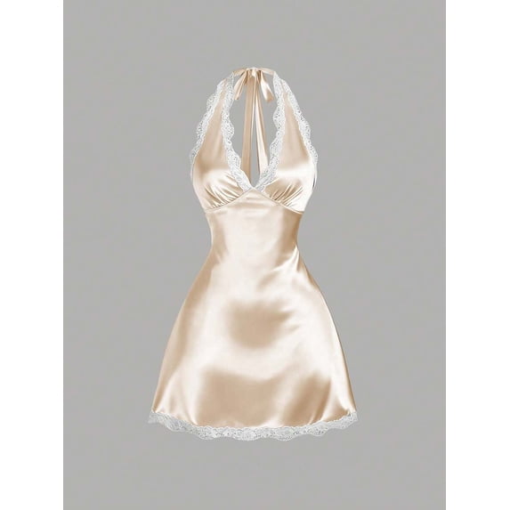Champagne Halter Neck Lace Trim Satin A-Line Mini Dress For Women