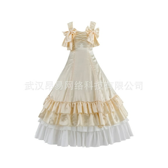 Champagne Lolita Gothic Strapless Pleated Long Dress – Victorian Elegance for Stage