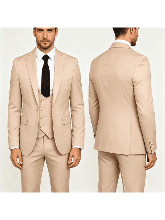 Champagne Men’s 3-Piece Seersucker Suit – Slim Fit Blazer Vest Pants Summer Wedding