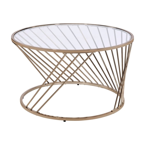 Champagne Finish Coffee Table, Round Clear Glass Top, Stable Metal Drum Base, 32x32x18, 33lb Elegant Top Table With Base - Sophisticated Style
