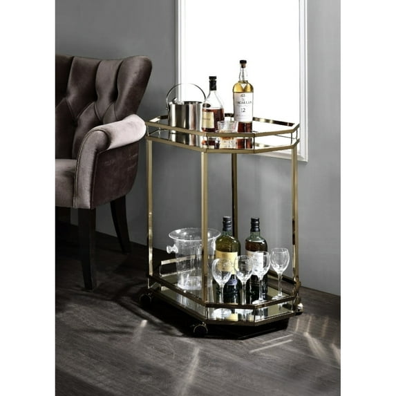 Champagne Metal Serving Cart with Mirrored Shelves for Displaying Glassware
