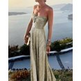 thumbnail image 1 of Champagne Metallic Strapless Evening Gown With Ruched Bodice And Maxi Skirt, 1 of 12