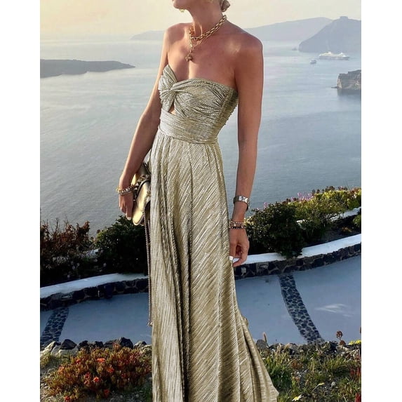 Champagne Metallic Strapless Evening Gown With Ruched Bodice And Maxi Skirt