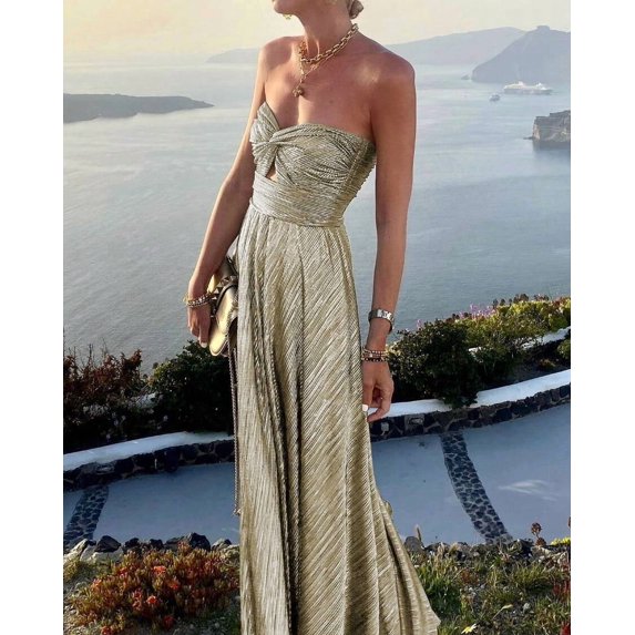 Champagne Metallic Strapless Evening Gown With Ruched Bodice And Maxi Skirt