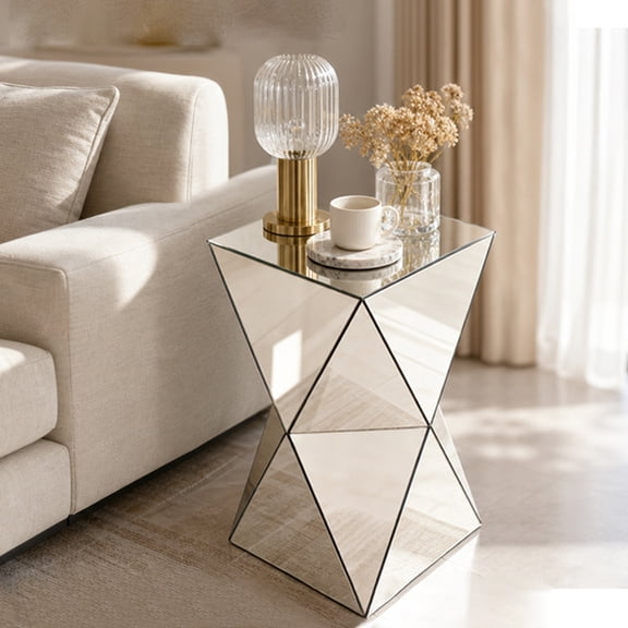 Champagne Mirrored Geometric Side Table, Modern Luxe Accent End Table, Reflective Mirror Decorative Nightstand for Living Room, Bedroom, Sofa Side