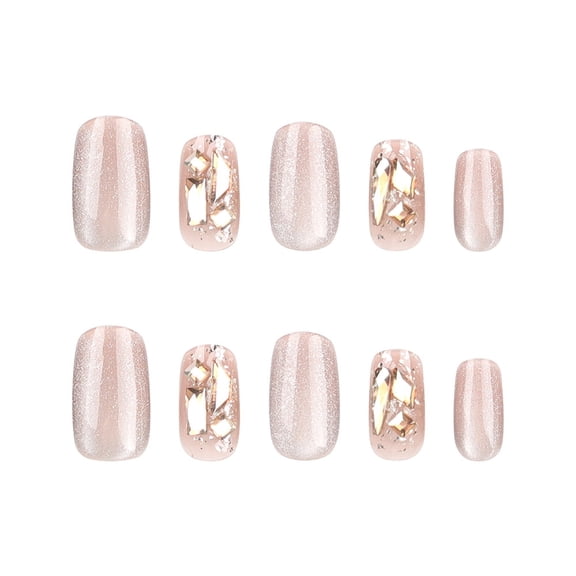 Champagne Nude Diamond Rhinestone Geometric Glitter Press on Nails, Short Squoval Glossy Fake Nails, 10 Count