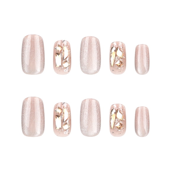 Champagne Nude Geometric Design Press on Nails, Short Squoval Glitter Finish Artificial Nails with Metallic Accent, 10 Count