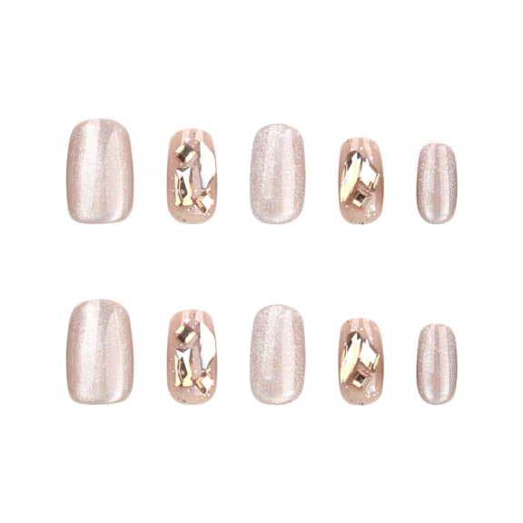 Champagne Nude Geometric Diamond Glitter Press on Nails, Short Squoval Glossy Metallic Shimmer Fake Nails, 24 Count