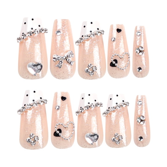 Champagne Nude Rhinestone Heart Press on Nails, Long Pointed Almond Glossy Metallic Shimmer Mixed Design Artificial Nails, 24 Count