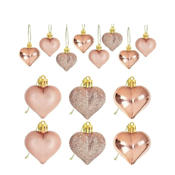 Champagne Ornaments, 12-Set Decorative Heart-Shaped Hanging Ornaments - Champagne Gold With Glossy Matte Pink, 1.8In Size - Valentine's Day, Wedding, Party Decor