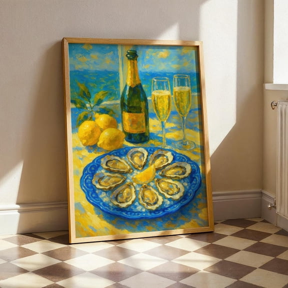 Champagne And Oysters Poster, Coastal Kitchen Wall Art, French Riviera Print, Summer Dining, Mediterranean Food Decor UNFRAMED Poster, Wall Art for Decor, Present, 24x36