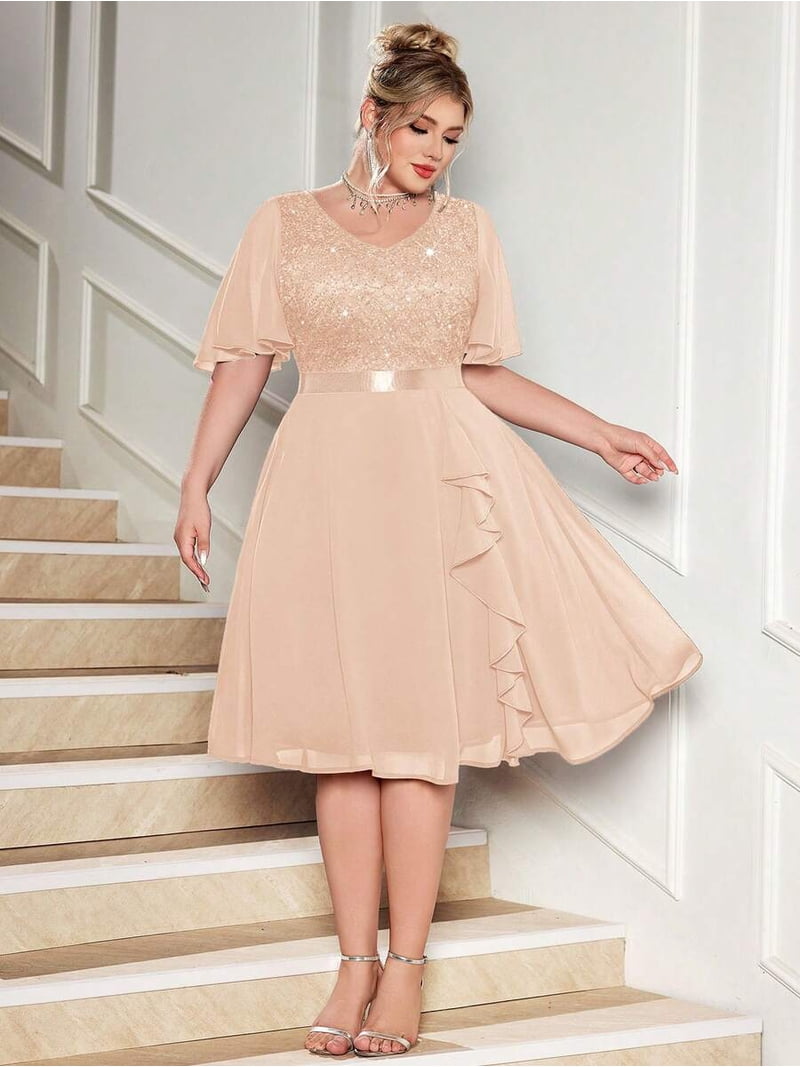 Champagne Plus Size V-Neck Sequin Lace Chiffon Butterfly Sleeve Ruffle Hem Evening Dress For Formal Occasions