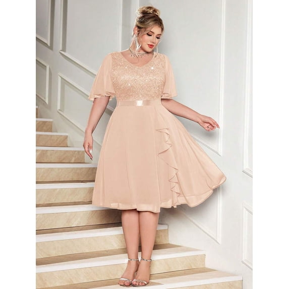 Champagne Plus Size V-Neck Sequin Lace Chiffon Butterfly Sleeve Ruffle Hem Evening Dress For Formal Occasions