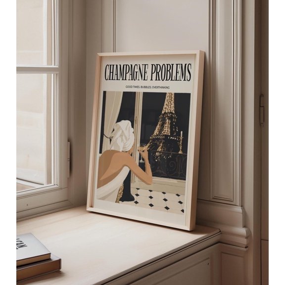 Champagne Problems Wall Art, Paris Poster, Trendy Aesthetic Print, French Girl Room Decor, Minimalist Parisian Night Wall Art, Neutral Dorm
